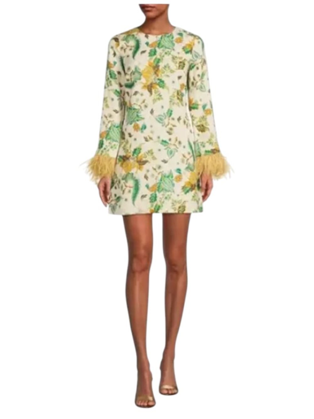 NWT Antonio Melani Birdie Feather Mini Dress Womens 10 Green Cream Crew Neck NEW